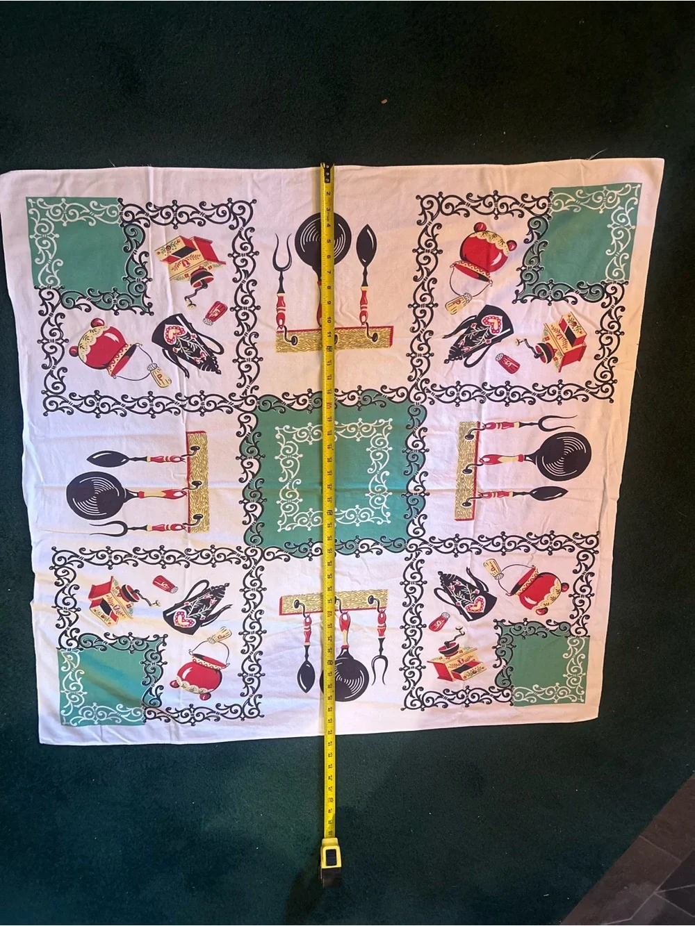 Vintage 1950s Kitsch Kitchen Print Cotton Tablecloth MCM Green Red Novelty